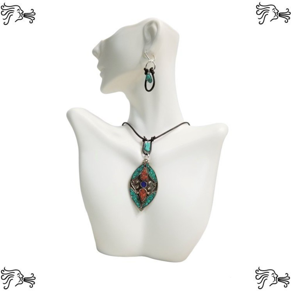 Tibetan Turquoise Coral Choker Necklace & Earrings Brown Hand knotted Leather